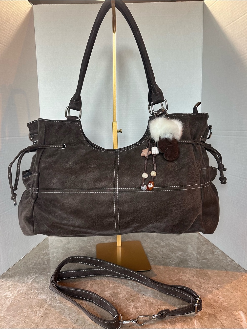 Brown Distressed Faux Leather Fall Shoulder Bag Cinch Cargo Boho Slouchy Tote